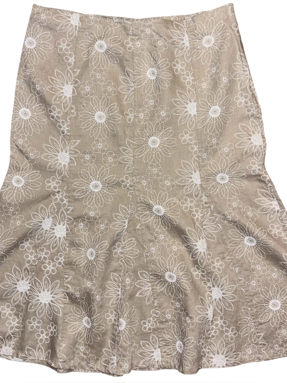 Kim Rogers Signature Skirt Beige 100% Linen Embroidered Floral Design Midi Skirt